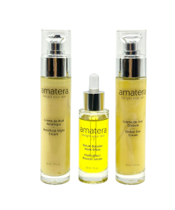 Routine complète Amatera : crème de jour, crème de nuit et nouveau sérum booster, soins naturels pour femmes de 40 ans et plus