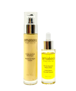 Soins visage Amatera : crème de nuit et nouveau sérum booster 100 % naturel, pour une peau nourrie et apaisée la nuit.